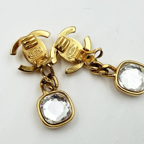 Chanel Vintage Gold Plated CC Turnlock Square Crystal Clip on Earrings - Picture 5 of 5